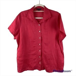 Lands End Dark Pink Linen Button Short Sleeve Top Size Large